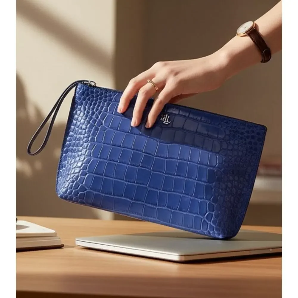 Ralph Lauren Large Blue Croc Embossed Leather Pouch RLL Zip Clutch NWT
